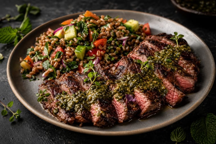 Grilled NY Strip with Miso-Herb Sauce & Warm Farro Salad